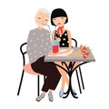 Pair of man and woman sitting at table and drinking cocktail with straws together. Couple on romantic date or meeting