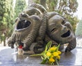 A pair of masks on the tomb of the Genoese actor of comedy Gilberto Govi, founder of the Genoese dialect theater in the monumental