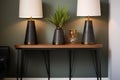 a pair of matching table lamps on a minimalist side table