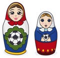 Pair of Matryoshka dolls in different sizes with soccer balls, Vector illustration