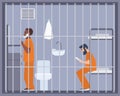 Pair of men in prison, jail or detention center room. Two prisoners or criminals shaving and reading book in cell. Male