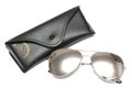 A pair of metallic silver aviators sunglasses with a black holder pouch