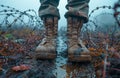 Pair of military boots. Close-up on soldier boots Royalty Free Stock Photo