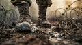 A pair of military boots stand firmly in the mud, worn by a soldier in the midst of battle Royalty Free Stock Photo