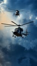 Pair of military helicopters perform thrilling maneuvers in azure skies