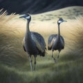 Two Moa Birds Exploring a Sunny Grassy Meadow