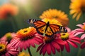 A pair of monarch butterflies resting on a cluster of colorful zinnia flowers