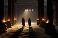 Pair of monks walking in ancient temple, traditional candlelit ceremony