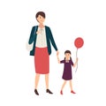 Pair of mother and daughter holding hands and walking. Woman and little girl with balloon. Beautiful female cartoon