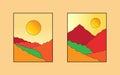 a pair of mountain wall art. Earth tone vector landscape background set with sun. Abstract art design for wall frame prints,