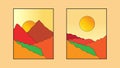 a pair of mountain wall art. Earth tone vector landscape background set with sun. Abstract art design for wall frame prints,