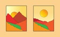 a pair of mountain wall art. Earth tone vector landscape background set with sun. Abstract art design for wall frame prints,