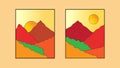 a pair of mountain wall art. Earth tone vector landscape background set with sun. Abstract art design for wall frame prints,