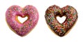 Pair of Mouthwatering Heart Shaped Strawberry and Chocolate Glazed Doughnuts on Transparent Background