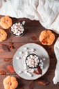 A pair of mugs with cocoa and marshmallows, pumpkins and a warm sweater on a wooden table. Warming autumn sweet drinks. Top and