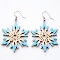 Wooden Snowflake Earrings With Blue And White Detail