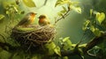 A pair of nesting birds surrounded by the fresh greenery of April foliage