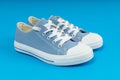 Pair of new blue sneakers, sport shoes on blue background Royalty Free Stock Photo