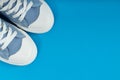 Pair of new blue sneakers, sport shoes on blue background. Top down view Royalty Free Stock Photo