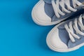 Pair of new blue sneakers, sport shoes on blue background. Top down view Royalty Free Stock Photo