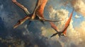 A pair of newborn pterodactyls attempting their first flight with their mother soaring close by to ensure their safety