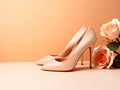 A pair of nude colored high heeled shoes next to a bouquet of roses, peach fuzz, color of the year 2024, monochromatic