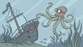 Pair of octopuses on shipwreck, deep sea creatures vector design Generative AI Royalty Free Stock Photo