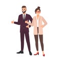 Pair of office workers standing together and demonstrating thumbs up hand gesture. Male and female professionals or