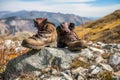 pair of old boots on a rocky mountain trail, adventure