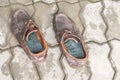 Pair of old brown leather shoes on cement floor. Royalty Free Stock Photo