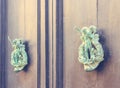 A Pair of Old Metal Poseidon Shaped Knockers on Wooden Door in M