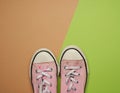 Pair of old worn pink sneakers with white laces on a green background