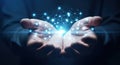 Digital network emerging from open hands glowing with futuristic technology Royalty Free Stock Photo