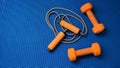 Pair of orange dumbbells and jumping rope on blue yoga mat background Royalty Free Stock Photo