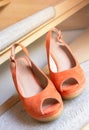 Pair of orange lady shoes.