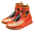 Pair of orange space boots with big soles standing on white background