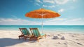 Pair of orange sun loungers and a beach umbrella on deserted beach perfect vacation concept Royalty Free Stock Photo