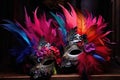 a pair of ornate masquerade masks with feathers