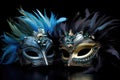 a pair of ornate masquerade masks with feathers