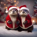 A pair of otters in matching Santa outfits, sharing a holiday treat2