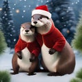 A pair of otters in matching Santa outfits, sharing a holiday treat5