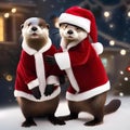 A pair of otters in matching Santa outfits, sharing a holiday treat4