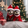 A pair of otters in matching Santa outfits, sharing a holiday treat1