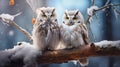 A Pair Of Owls Perched Amidst Wintry Scenery