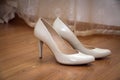 A pair of pale cream-colored wedding women's shoes