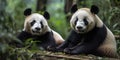 A pair of pandas lounging in a bamboo forest, concept of Biodiversity conservation, created with Generative AI Royalty Free Stock Photo