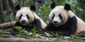 A pair of pandas lounging in a bamboo forest, concept of Biodiversity conservation, created with Generative AI