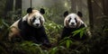 A pair of pandas lounging in a bamboo forest, concept of Biodiversity conservation, created with Generative AI Royalty Free Stock Photo