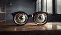 A pair of paranormal looking blue eyes staring through empty glasses or spectacles kept on a reflecting glass surface. Royalty Free Stock Photo