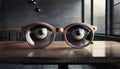 A pair of paranormal looking blue eyes staring through empty glasses or spectacles kept on a reflecting glass surface. Royalty Free Stock Photo